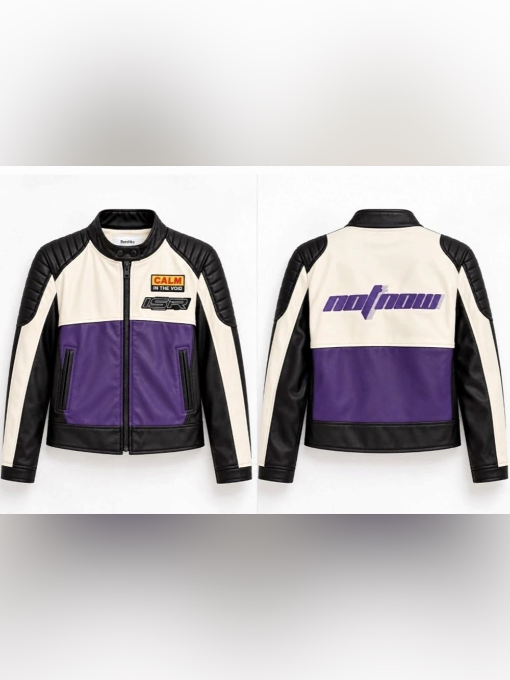 Bershka Faux Leather Racing Colour Block Moto Jacket Purple Y2K Size Medium M